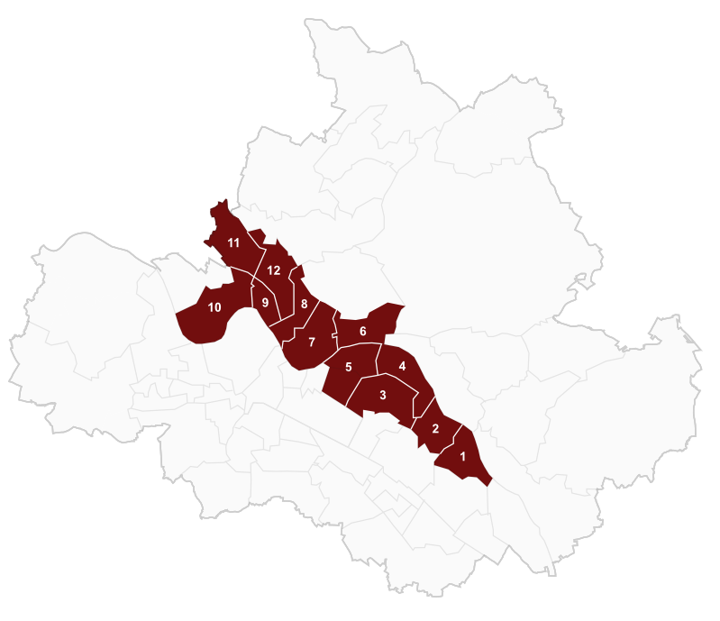 Simple weiße Map von Dresden mit rot eingezeichneten Stadtteilen als Dienstleistungsgebiete von MP Dog'z