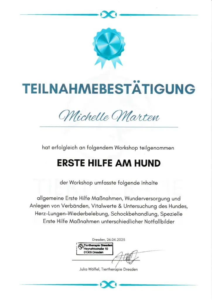 Teilnahmebestätigung für "Erste Hilfe am Hund" von MP Dog'z