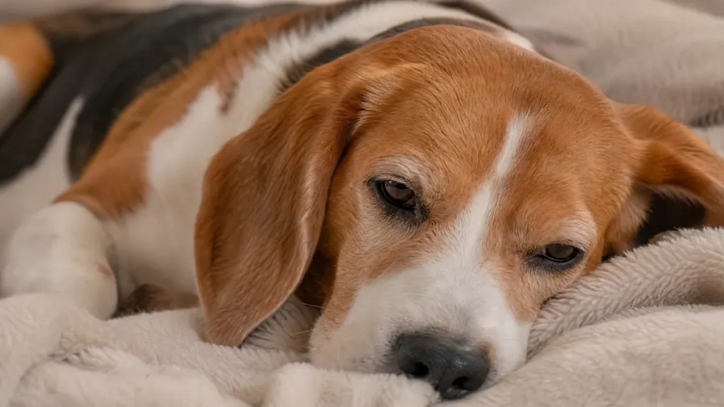 Beagle-Hund auf seiner Decke als Nahaufnahme